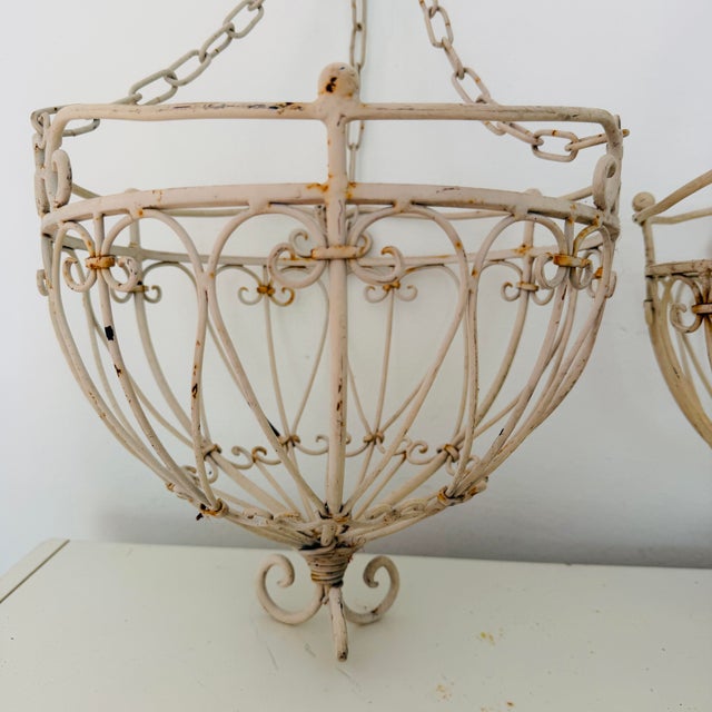 Vintage French Country Wrought Iron Hanging Planter Baskets, a Pair of Two For Sale - Image 10 of 12