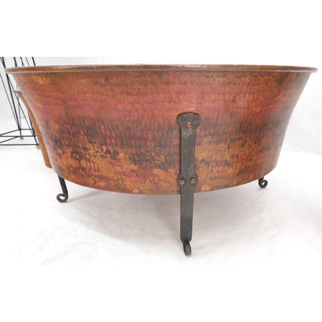 Brown Vintage Hummered Forged Copper & Iron Round Coffee Table & Pair of Stools Seats For Sale - Image 8 of 12