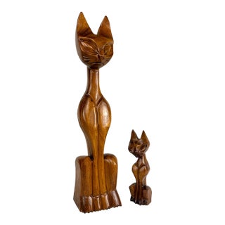 Mid-Century 17" Teak Siamese Cat Carved Sculpture - A Pair For Sale