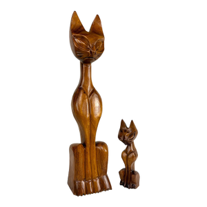 Mid-Century 17" Teak Siamese Cat Carved Sculpture - A Pair