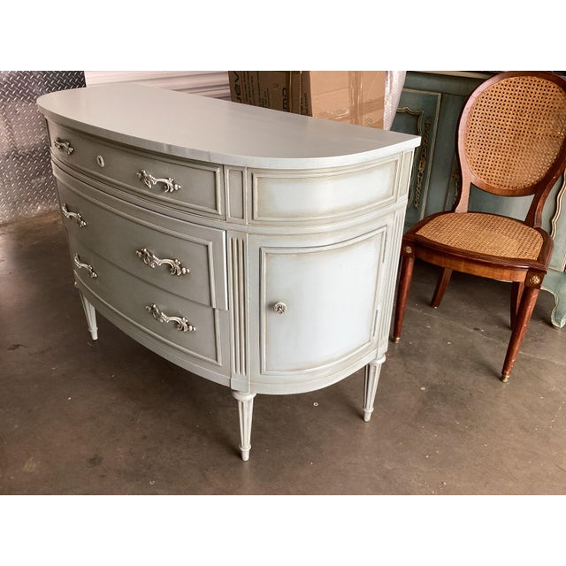 French Stunning Louis XVI-style Blue Demi-Lune Painted Dresser For Sale - Image 3 of 9