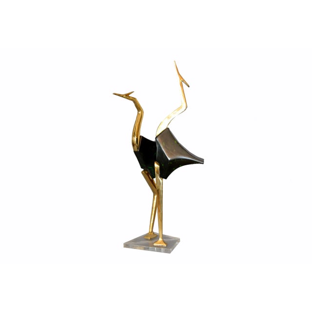 Stylized Brass and Wood Crane Sculptures on Lucite Base - a Pair For Sale - Image 12 of 13