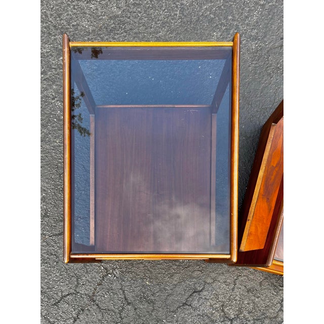 Brown Mid Century Modern Side Tables With Smoked Inset Glass | in the Style of John Keal for Saltman Brown For Sale - Image 8 of 12