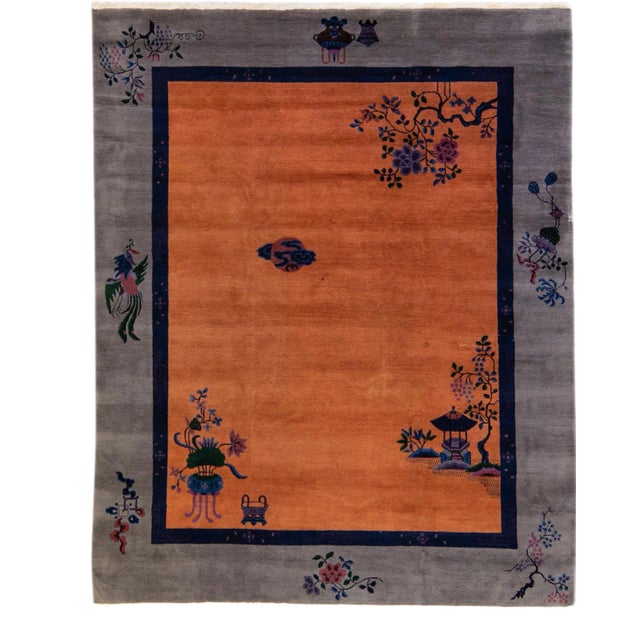 Antique Art Deco Gray and Tan Chinese Handmade Wool Rug For Sale
