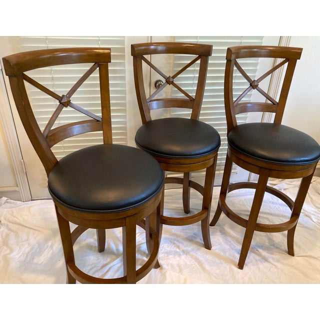 Frontgate Trio of Mahogany Neoclassic Style Barstools Black Leather Swivel Seats For Sale In Dallas - Image 6 of 12