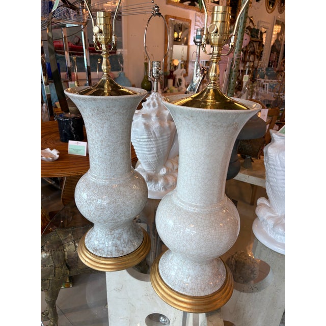 Christopher Spitzmiller, Inc Vintage Palm Beach Crackle Glaze Porcelain & Brass Table Lamps Newly Wired - a Pair For Sale - Image 4 of 12