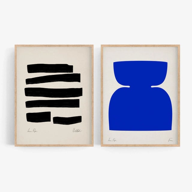 Set of 2 abstract open edition giclee prints. 20"x28" Elegant black geometrical forms drawing in beige color Blue abstract...