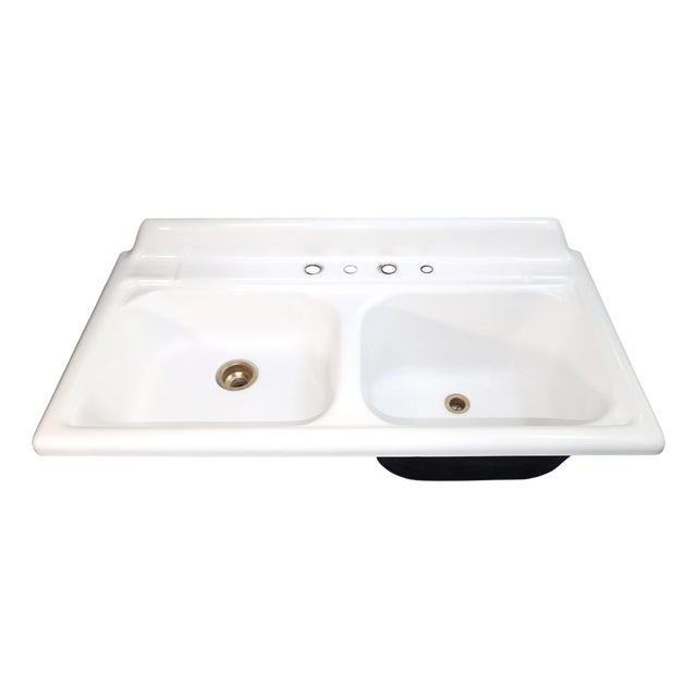 Iconic 1957 Vintage Kohler Sea Cliff 50" Wide Double Basin Porcelain & Cast Iron Kitchen Sink For Sale