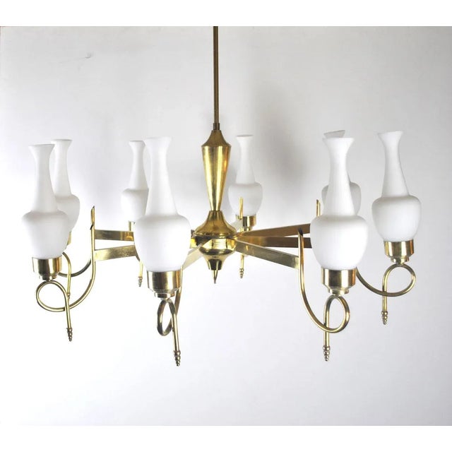 Mid-Century Brass and Opaline Glass Chandelier, 1950s, in Very Good conditions. Designed 1950 to 1959 Up to 250V...