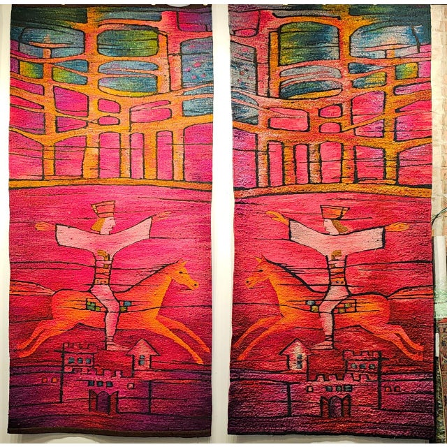 Textile Vintage Mid-Century Tapestry, Handwoven Wool, Folkloric Rider Design, 40" X 86" For Sale - Image 7 of 15