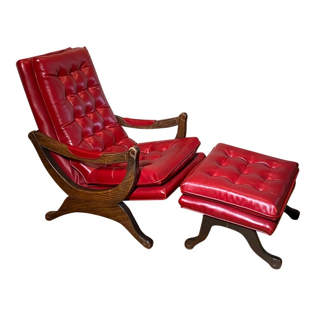 Vintage 1960’s Chesterfield Armchair Ottoman Set in Tufted Vinyl Red