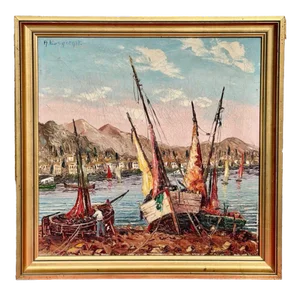 René Bondenet, Mediterranean Fishing Boats, 1947, Oil Painting