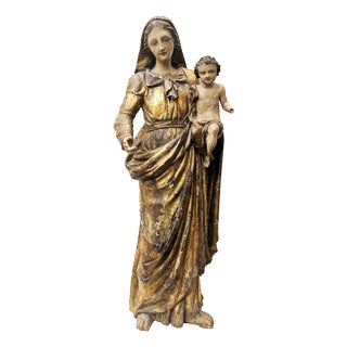 Madonna, Mother of God with Child, 18th Century, Carved Wood, Painted For Sale