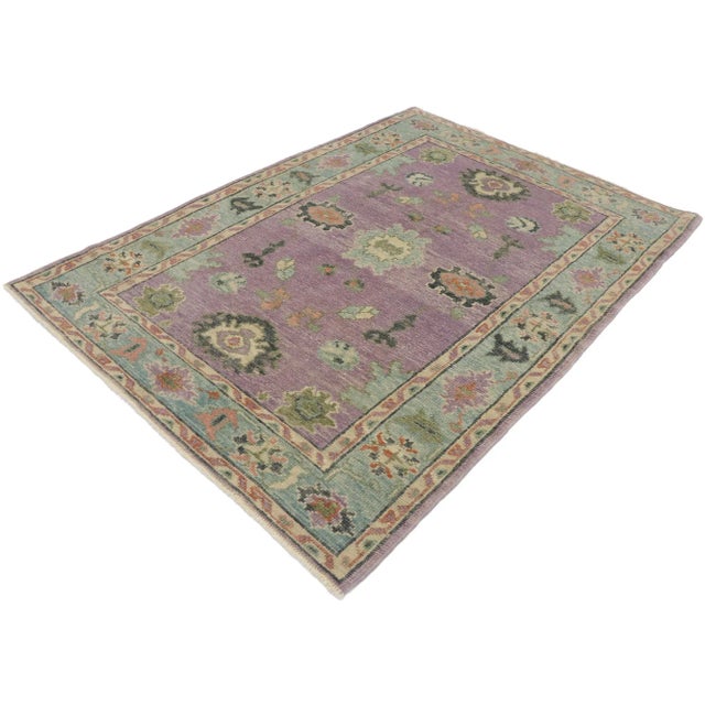 Contemporary Turkish Oushak Rug with Modern Style and Pastel Colors 04'02 x 05'10. Blending elements from the modern world...