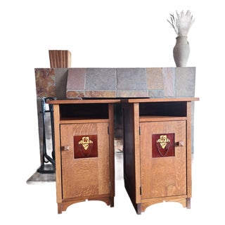 Stickley Style Oak Mission Nightstands (Pair) With Inlaid Gillot & Cie Tile For Sale