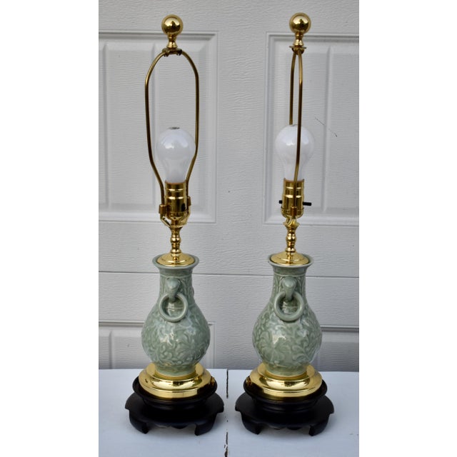 Vintage Celadon Porcelain Table Lamps Pair Mid Century Chinese Vase Style For Sale - Image 10 of 16