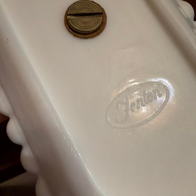 1950s Vintage Fenton Hobnail Milk Glass Oil Vinegar Cruet Set Center Metal Handle Tray For Sale - Image 5 of 8