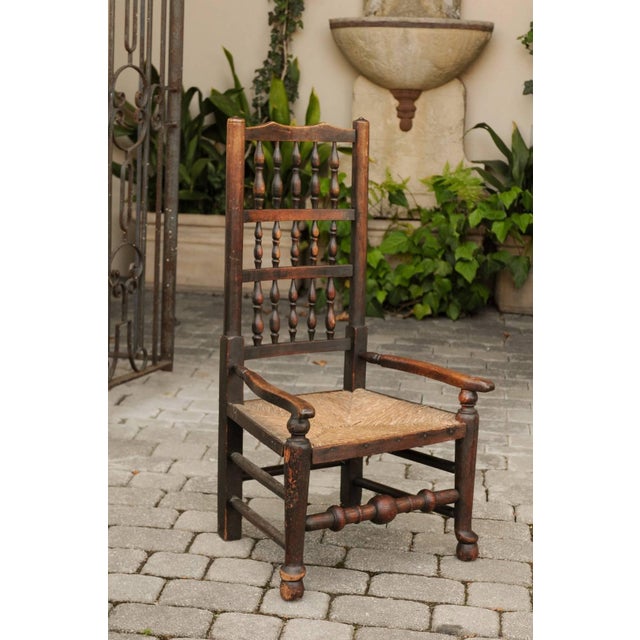 English 1780s Oak William and Mary Style Open Arm Youth Chair with Rush Seat For Sale - Image 4 of 11