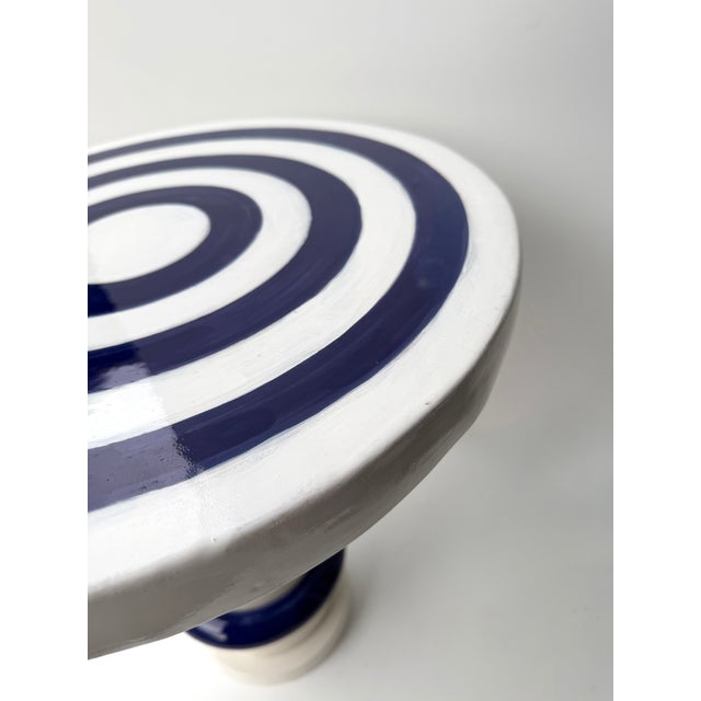 Blue Contemporary Pair of Blue and White Ceramic Stripe Side Tables. Italy For Sale - Image 8 of 12
