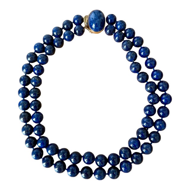 Vintage Double Strand Lapis Lazuli Beaded Necklace With 14k Gold Clasp For Sale