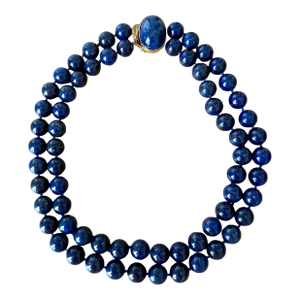 Vintage Double Strand Lapis Lazuli Beaded Necklace With 14k Gold Clasp