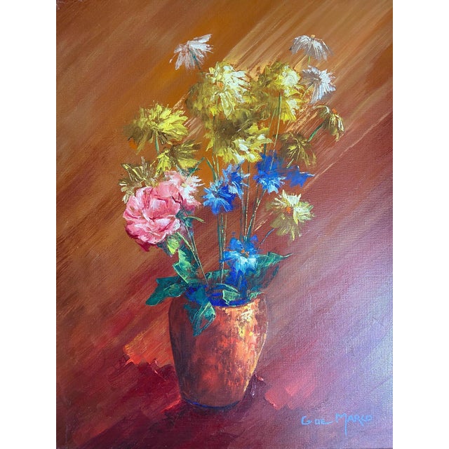An authentic mid-century oil painting on canvas by listed artist Georges de Marco, featuring a vibrant and elegant floral...