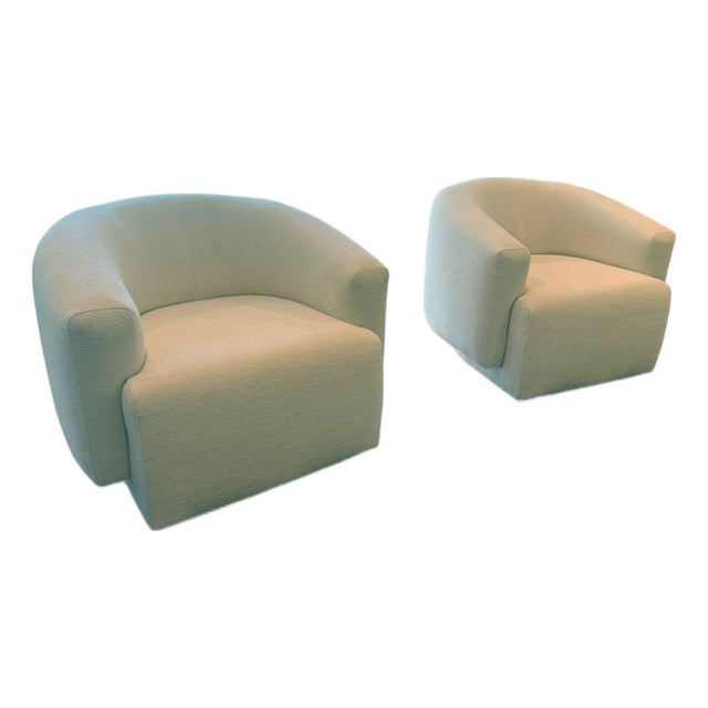 Pair of Arhaus Savoy Swivel Chairs in Cream Upholstery – Made in Usa For Sale