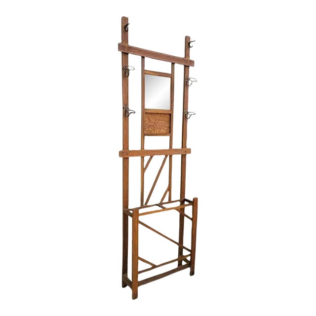 Early 20th Century Art Deco Carved Rack Hall Tree With Mirror For Sale