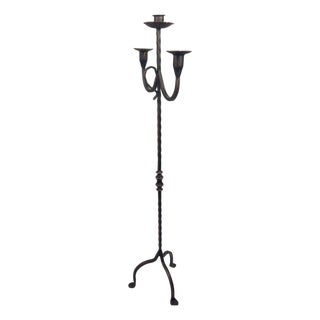 Hand Forged Iron Floor Candelabra 49″ (124cm) Antique Copper or Gold Patina 3-Arm Twist Stem Candle Holder Rustic Decor For Sale