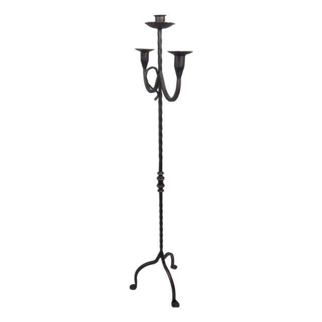 Hand Forged Iron Floor Candelabra 49″ (124cm) Antique Copper or Gold Patina 3-Arm Twist Stem Candle Holder Rustic Decor For Sale