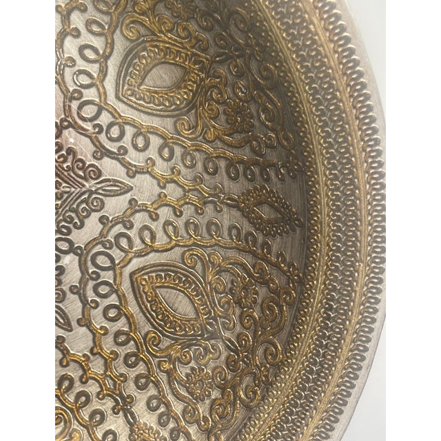Mediterranean Large Ornate Silver and Gold Embossed Paisley Decorative Bowl For Sale - Image 3 of 7
