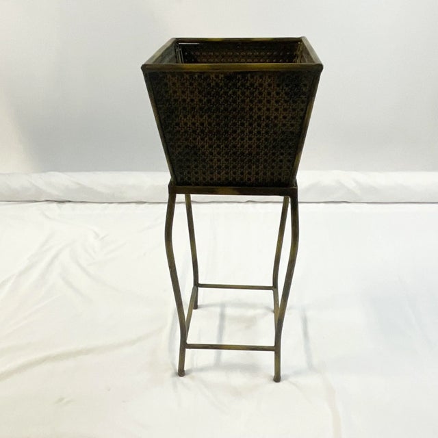 Metal Mid-Century Boho Chic Tole Faux Cane Planter Box on Stand - 2 Piece Set. For Sale - Image 7 of 9
