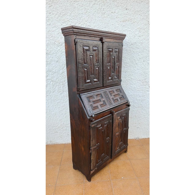 Rustic Antique Spanish Carved Wooden Bureau Cabinet With Drop-Front Desk, 19th Century For Sale - Image 3 of 10