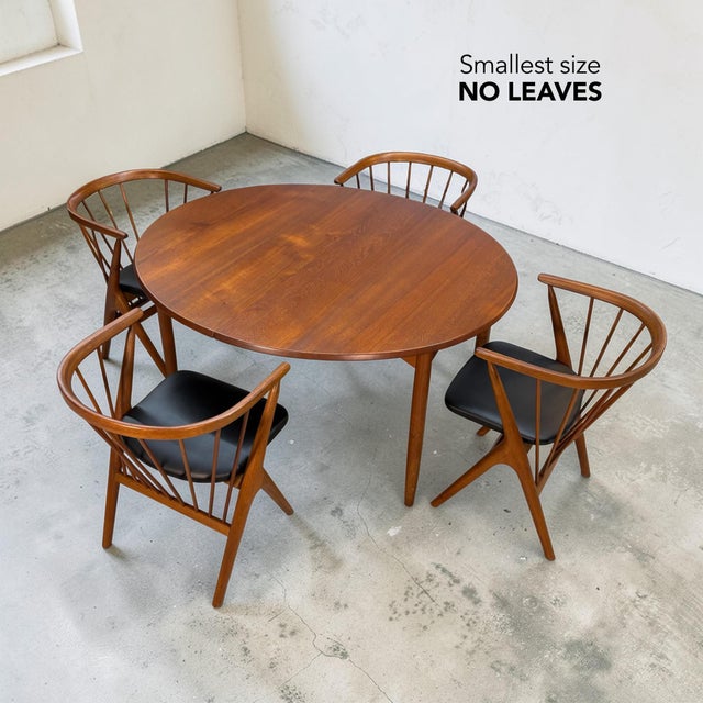 1950s Expanding Round to Oval Early Danish Teak Dining Table With 2 Leaves For Sale - Image 5 of 15