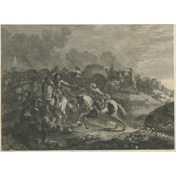 Antique print titled 'Enlevement dun Convoy'. Antique print of soldiers attacking an Ottoman convoy. In the foreground a...