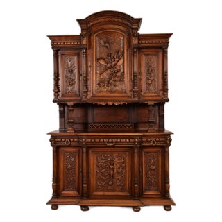 Antique French Renaissance Monumental Ornate Carved Walnut Sideboard or Bar Cabinet, Circa 1890s For Sale