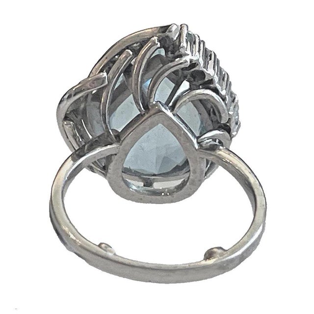 Traditional Vintage Aquamarine Ring 5.25 Pear With Diamond Swirl Platinum Setting For Sale - Image 3 of 7