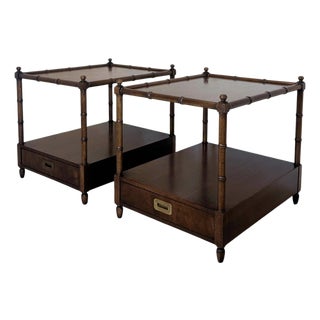 Vintage Henredon Faux Bamboo Walnut Campaign Style Side Tables, a Pair For Sale