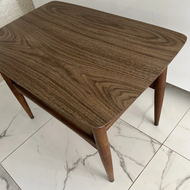 Lane Furniture Midcentury Modern Side Table With Wood Base a Wood Grain Laminate Top and a Woven Cane Lower Shelf For Sale - Image 4 of 11