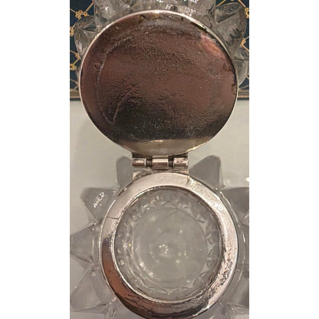 Art Deco Early Vintage Art Deco Glass and Silver Plate Inkwell With Scalloped Edge and Hinged Lid, England For Sale - Image 3 of 13
