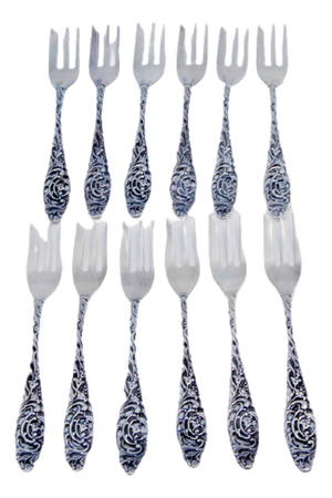 Silver Cake Forks with Raised Handles and Plant Motifs, Set of 12