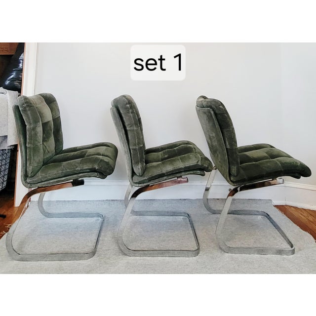 1970s Suede and Chrome Cantilever Dining Chairs in Moss Green Attributed to Roche Bobois-Set of 6 For Sale In Baltimore - Image 6 of 17