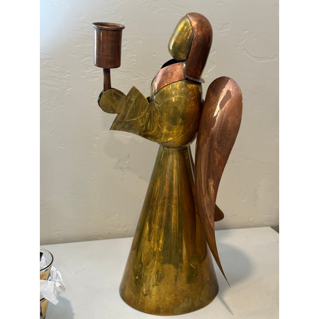 Copper Vintage Hard-to-Find. Extra-Large 17” Tall Brass and Copper Angel Candleholder. Authentication Marked Mexico. For Sale - Image 8 of 12