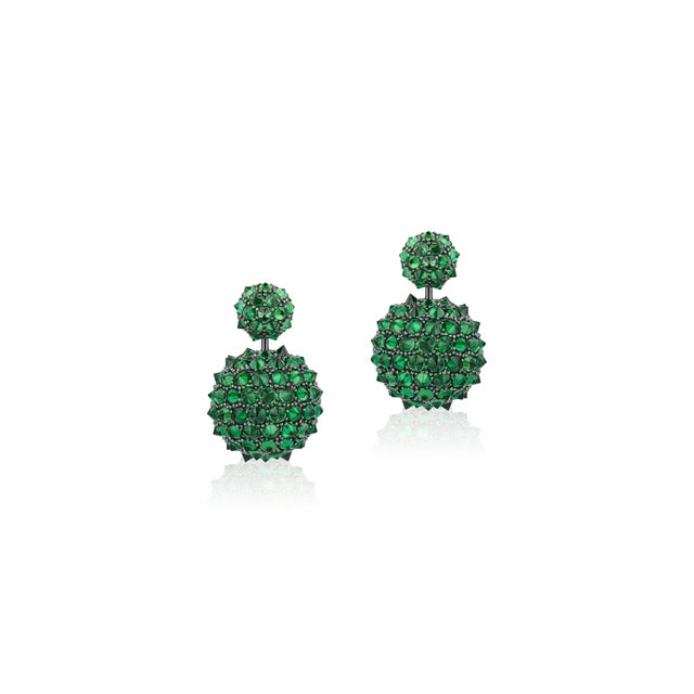 Limited Edition' Double Ball Drop Green Tsavorite Earring in 18K White Gold. Approximate Stone Weight: Tsavorite - 27.57cts.