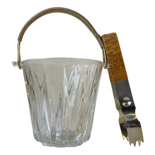 Italian Modern Etched Crystal Ice Bucket with Rattan Tong, 1960s, Set of 2 For Sale