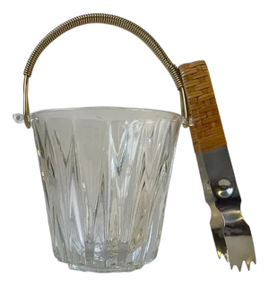 Italian Modern Etched Crystal Ice Bucket with Rattan Tong, 1960s, Set of 2