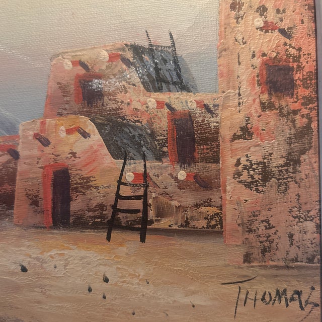 Rustic Vintage Southwestern Adobe Pueblo Oil Painting - Signed "Thomas" For Sale - Image 3 of 4