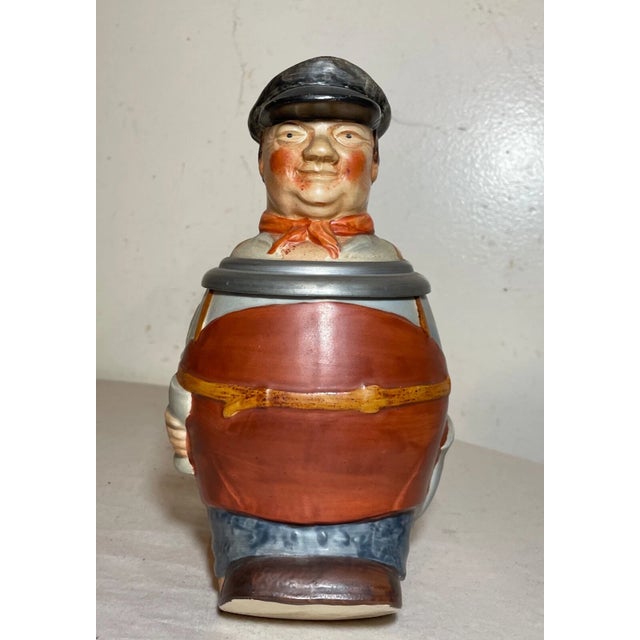 1930s Antique German Hand Painted Pewter Mounted Lidded Man Pottery Figural Stein For Sale - Image 5 of 11