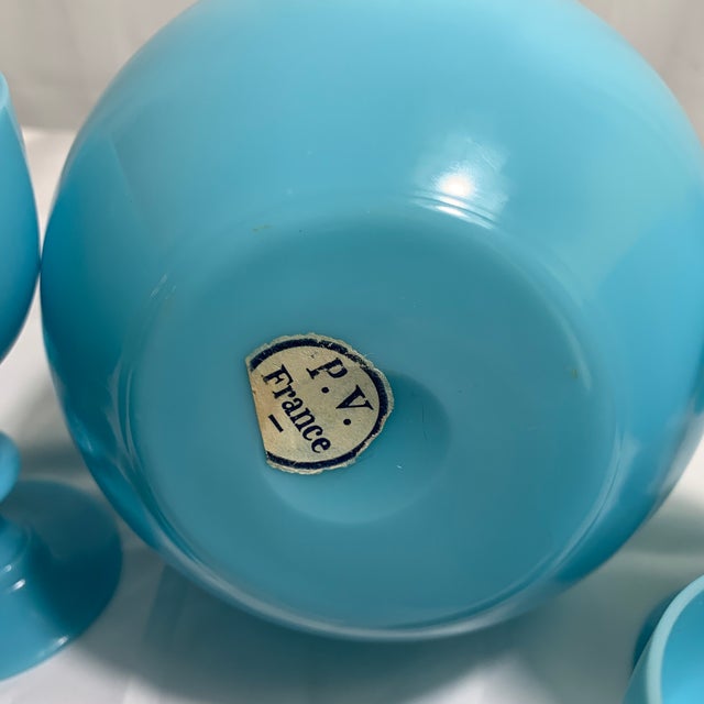 Glass Antique French Portieux Vallerysthal Blue Opaline Glass Decanter & 9 Goblet Set For Sale - Image 7 of 7