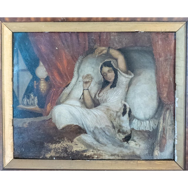 We are selling this very interesting 19th century oil on tin painting. This painting features a lady reclining in bed...